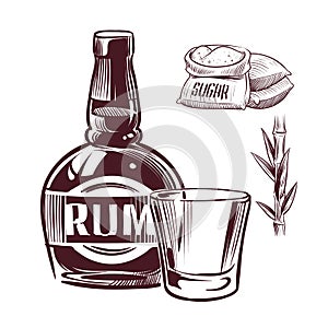 Sketch rum. Retro advertising rum alcohol drink glass and bottle hand drawn vector illustration