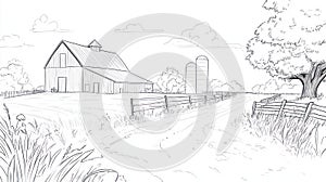 Rustic Farm Scene Sketch Barn, Silos, and Country Road