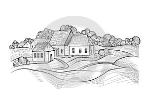 Sketch of rural landscape with hills, fields and countryhouse. S