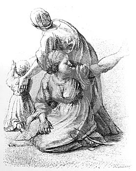 The sketch of sad women and child by Raphael in the vintage book the History of Arts by Gnedych P.P., 1885 photo