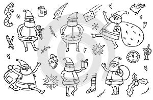 sketch of santa and christmas elements on white background.