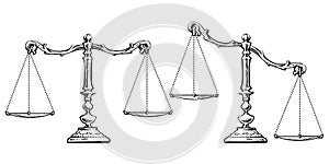 Sketch of scales balanced and unbalanced. Vector.