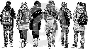 Sketch of school friends going home
