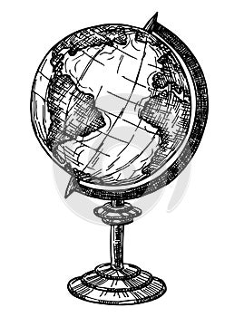 Sketch school globe. Model of Earth.Hand drawn Geography icon. Black and white vector illustration in sketch style