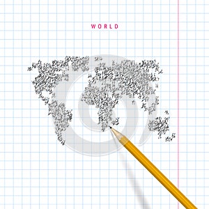 Sketch scribble vector world map drawn on checkered school notebook paper background