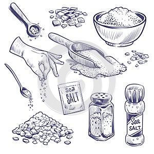 Sketch sea salt. Hand drawn spice, seasoning packaging. Glass bottles with salt powder, salting crystals vintage photo