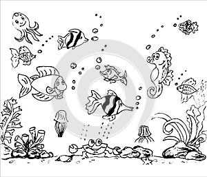 Sketch sea underwater world with marine inhabitants, hand drawn illustration. Flat style vector design template