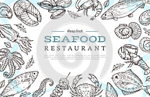 Sketch seafood banner. Drawing fish crab lobster salmon. Restaurant cafe menu vintage poster or flyer. Ocean food market