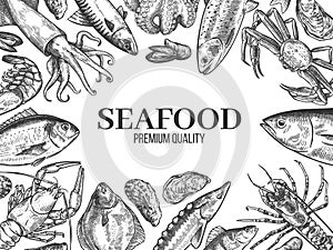 Sketch seafood. Hand drawn fresh fish, lobster, crab, oyster, mussel, squid and shrimps, vintage sketch restaurant menu vector