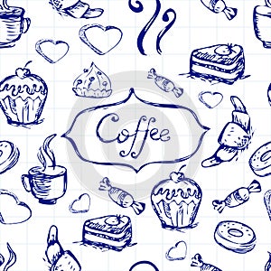 Sketch seamless pattern with coffee and sweets. Vector hand-drawn illustration.