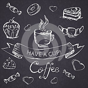 Sketch seamless pattern with coffee and sweets. Vector hand-drawn illustration.
