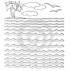 Sketch, seascape with sea and palm, coloring book, isolated object on a white background, cartoon illustration, vector