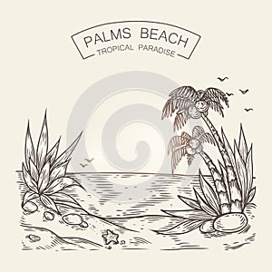Sketch of a seaside beach. Vector sea shore silhouette with sand, palms and stones.