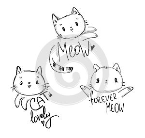 Sketch set cats and phrase meow vector illustration. Children\'s print and poster design