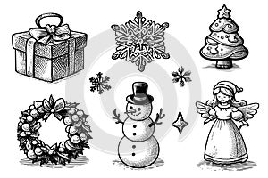 Sketch set Christmas doodle design elements. Vector hand drawn design. Isolated objects