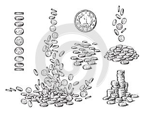 Sketch set of coins in different positions. Old coin, falling dollars, pile of cash, stack of money. Black and white