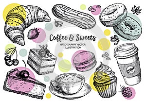 Sketch set of dessert. Pastry sweets collection. Hand drawn vector illustration.