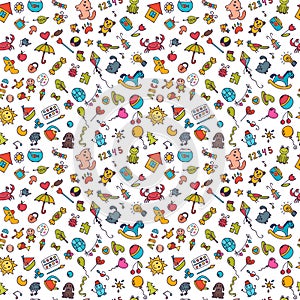 Sketch set of drawings in child style. Doodle children background. Seamless pattern for cute little girls and boys