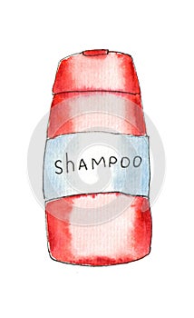 Sketch a shampoo bottle with a label drawn in a mixed watercolor and ink technique.