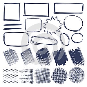 Sketch shapes. Hand drawn monochrome geometric elements frames, strokes and shade, hatched round and square shapes