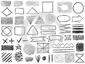 Sketch shapes. Monochrome scribble symbols, drawing pencil frame, stroke and shade, hatched shaded badge round and