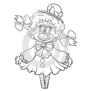 Sketch of a sheep character in a hat and pigtails, coloring book, isolated object on a white background, vector