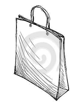 Sketch of shopping bag, paper package, new purchases, vector hand drawing isolated on white