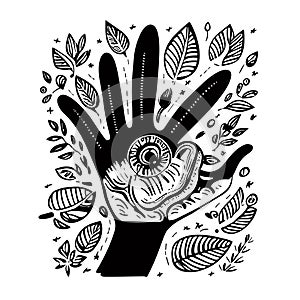 Sketch of sign Hi, Hand with five fingers. Black and white doodle, hand drawn image in line style.