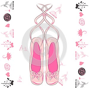 Sketch silhouette hand drawn pointes shoes  bow in pink colors