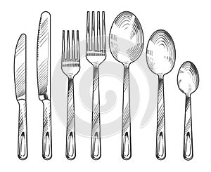 Sketch silver knife, fork and spoon. Hand drawn cutlery vector set