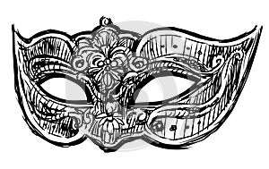 Sketch of single decorative carnival face mask for masquerade, party, vector hand drawing isolated on white