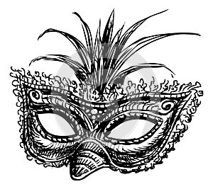 Sketch of single decorative carnival facial mask for masquerade, party, vector sketch isolated on white