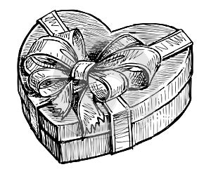 Sketch of single gift box in heart shape with ribbon tied in decorative bow, vector hand drawing isolated on white