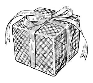 Sketch of single gift box with ribbon tied in decorative bow, vector drawing isolated on white