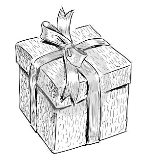 Sketch of single gift box with ribbon tied in decorative bow, vector hand drawing isolated on white