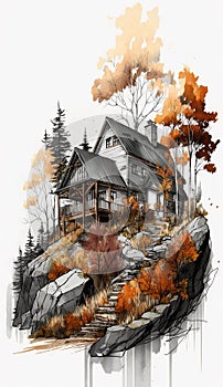 a Sketch of a Small Cottage on a Hillside in the Fall on Canavas Oil Painting AI Generative