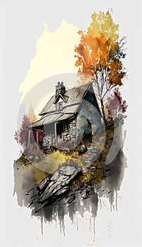 a Sketch of a Small Cottage on a Hillside in the Fall on Canavas Oil Painting AI Generative