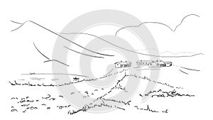 Sketch of small village with lake in mountains, Hand drawn