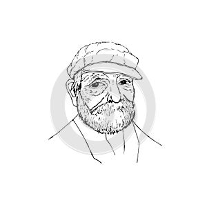 A sketch of a smiling old man with a beard and a cap. vector illustration