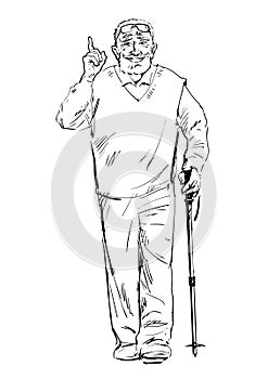 Sketch of an smiling old man walking with a tracking stick. Hand drawn vector illustration isolated