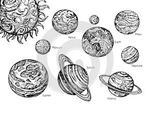Sketch solar system planets. Mercury, venus, earth, mars, jupiter, saturn, uranus and neptune in hand drawn engraving