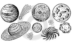 Sketch of space objects set. Collection of comets, planets, stars, asteroids. Black outline elements isolated on white