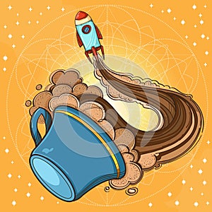 A sketch the spacecraft and mug of coffee, tea or hot chocolate. Surrealistic illustration on the space theme design for t-shirts