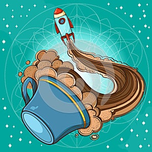 A sketch the spacecraft and mug of coffee, tea or hot chocolate. Surrealistic illustration on the space theme design for t-shirts