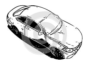 sketch sports car in black contour isolated on white background. Graphic line art drawing auto