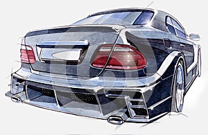 Sketch of a sports car rear view. Illustration.