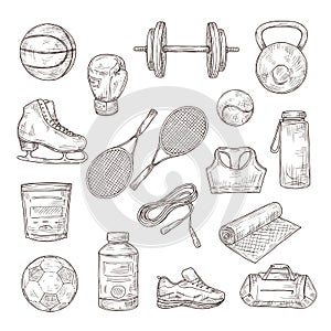 Sketch sports equipment. Ball, dumbbell and tennis rackets, boxing glove and jump rope, sports nutrition. Doodle fitness