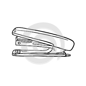 A sketch of the stapler. Stationery, office supplies for paper binding. Engraving style. Digital drawing. Side view. Hand drawn