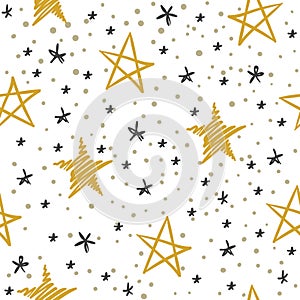 Sketch star seamless pattern. Starry sky with golden and black stars. Christmas and winter holidays vector doodle