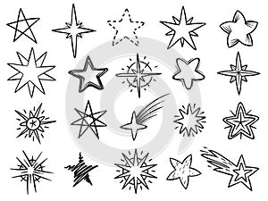 Sketch stars. Grunge star shapes, black hand drawn vector elements for christmas decoration